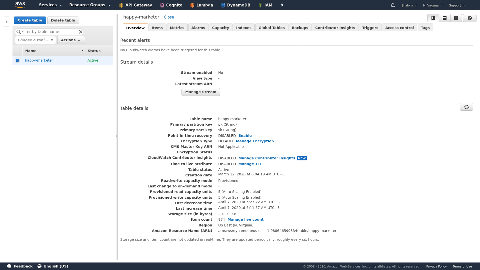screenshot of Amazon DynamoDB